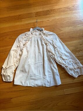 Cream Ruffle-Trim High-Neck Blouse